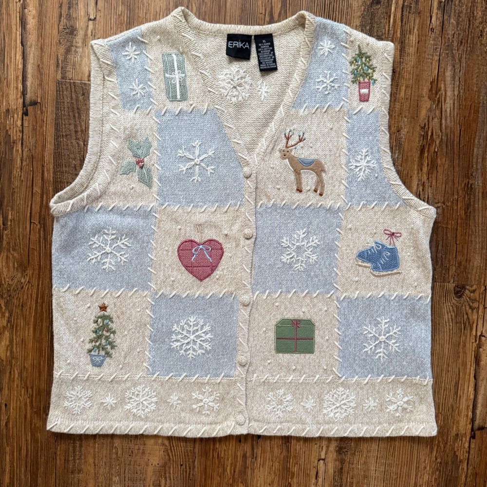 VTG Erika Christmas Sweater Vest Womens XL Reindeer Snowflake Grannycore Cottage